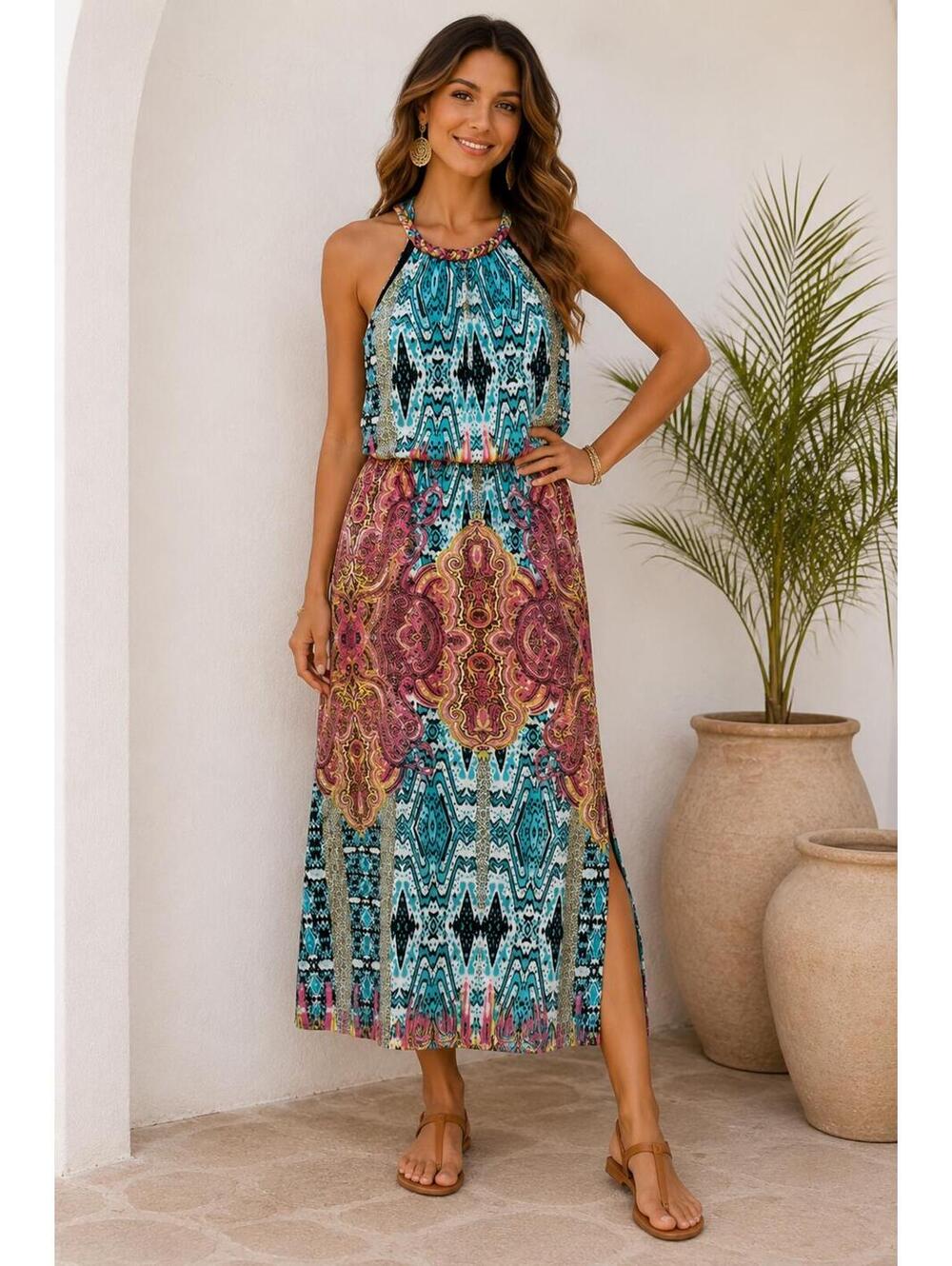 Prelude Boho Halter Maxi Dress Medium Blue Pink Paisley Ikat Print Side cruise